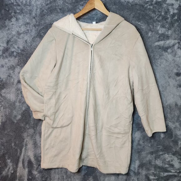 Uniqlo Jacket Womens XL Tan Cream Suede Faux Fleece Longline Coat Hood Sherpa - Picture 1 of 8